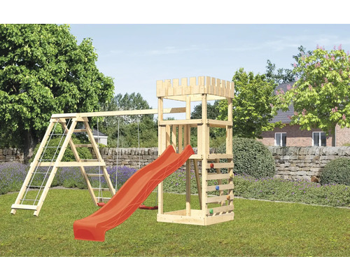 Spielturm Karibu 107 x 107 cm Holz bestehend aus Grundturm, Netzrampe, Schaukel, Rutsche rot