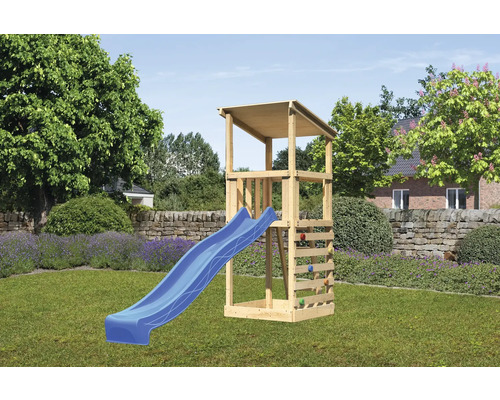 Spielturm Karibu 107 x 107 cm Holz bestehend aus Rutsche, Kletterwand