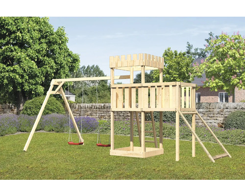 Spielturm Karibu Löwenherz 107 x 107 cm Holz bestehend aus 2 Brettschaukeln, Anbau, Netzrampe