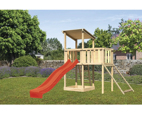 Spielturm Karibu Anna 107 x 107 cm Holz bestehend aus Rutsche, Anbau, Netzrampe rot