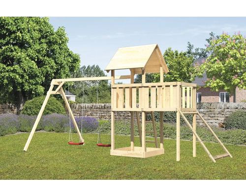 Spielturm Karibu Lotti 107 x 107 cm Holz bestehend aus 2 Brettschaukeln, Anbau, Netzrampe