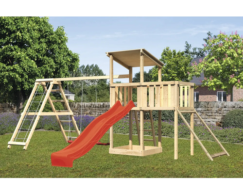Spielturm Karibu Anna 107 x 107 cm Holz bestehend aus Anbau, Grundturm, Netzrampe, Rutsche, Plattform, Schaukel rot