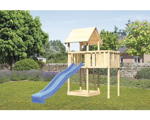 Spielturm Karibu Lotti 107 x 107 cm Holz bestehend aus Rutsche, Anbau, blau