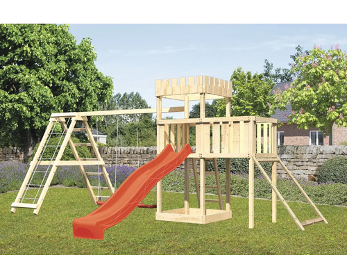 Spielturm Karibu 107 x 107 cm Holz bestehend aus Anbau, Grundturm, Netzrampe, Schaukel, Rutsche rot