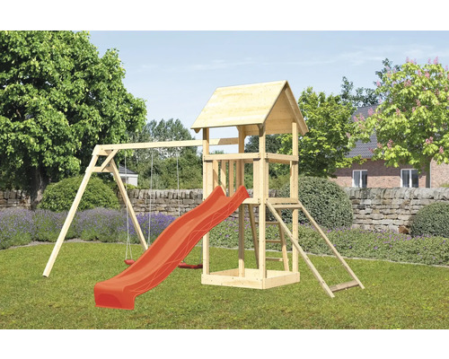 Spielturm Karibu Lotti 107 x 107 cm Holz bestehend aus Rutsche, 2 Brettschaukeln, Netzrampe, rot