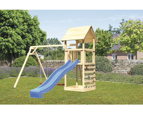 Spielturm Karibu Lotti 107 x 107 cm Holz bestehend aus Rutsche, 2 Brettschaukeln, Kletterwand
