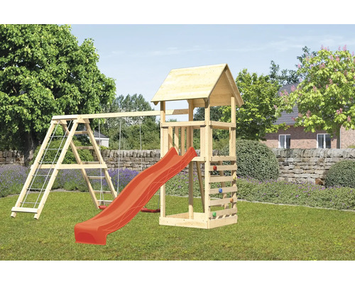 Spielturm Karibu Lotti 107 x 107 cm Holz bestehend aus Anbau, Grundturm, Kletterwand, rot