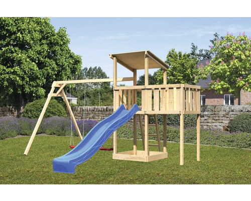 Spielturm Karibu 107 x 107 cm Holz bestehend aus Rutsche, 2 Brettschaukeln, Anbau