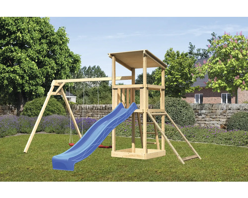 Spielturm Karibu Anna 107 x 107 cm Holz bestehend aus Rutsche, 2 Brettschaukeln, Netzrampe blau