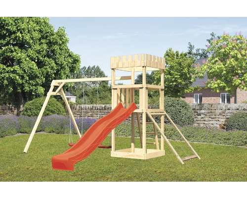Spielturm Karibu Löwenherz 107 x 107 cm Holz bestehend aus Rutsche, 2 Brettschaukeln, Netzrampe rot