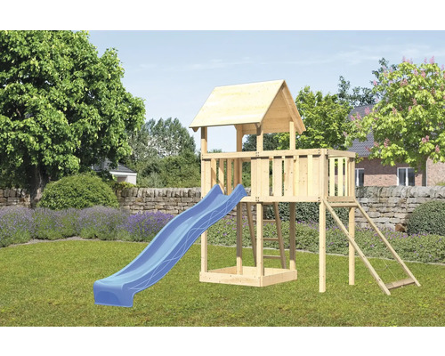 Spielturm Karibu Lotti 107 x 107 cm Holz bestehend aus Rutsche, Anbau, Netzrampe, blau