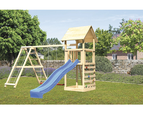 Spielturm Karibu Lotti 107 x 107 cm Holz bestehend aus Anbau, Grundturm, Kletterwand, blau