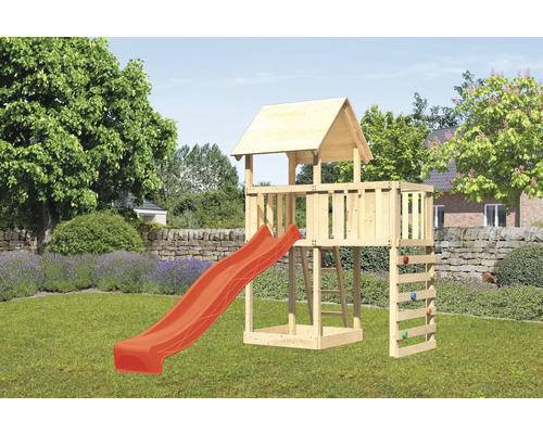 Spielturm Karibu Lotti 107 x 107 cm Holz bestehend aus Rutsche, Anbau, Kletterwand, rot