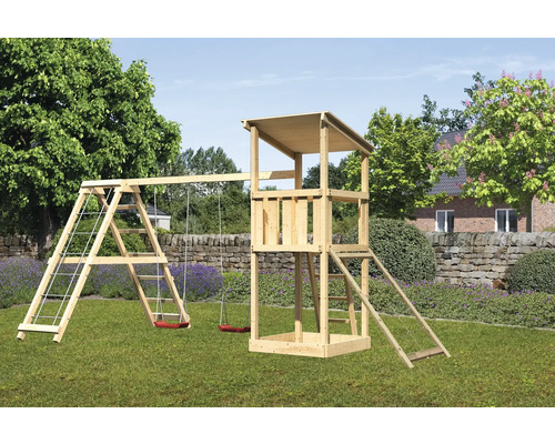 Spielturm Karibu Anna 107 x 107 cm Holz bestehend aus Grundturm, Netzrampe, Schaukel rot