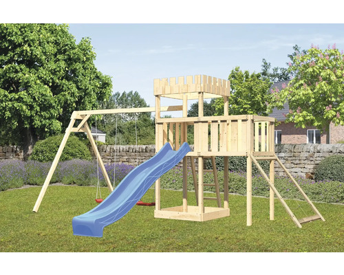 Spielturm Karibu Löwenherz 107 x 107 cm Holz bestehend aus Rutsche, 2 Brettschaukeln, Anbau, Netzrampe blau