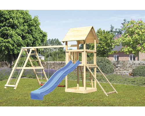 Spielturm Karibu Lotti 107 x 107 cm Holz bestehend aus Anbau, Grundturm, Netzrampe, blau