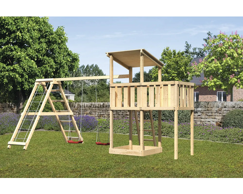 Spielturm Karibu Anna 107 x 107 cm Holz bestehend aus Anbau, Grundturm, Netzrampe, Schaukel rot