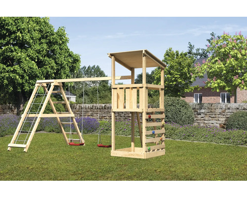 Spielturm Karibu Anna 107 x 107 cm Holz bestehend aus Grundturm, Schaukel Plattform rot