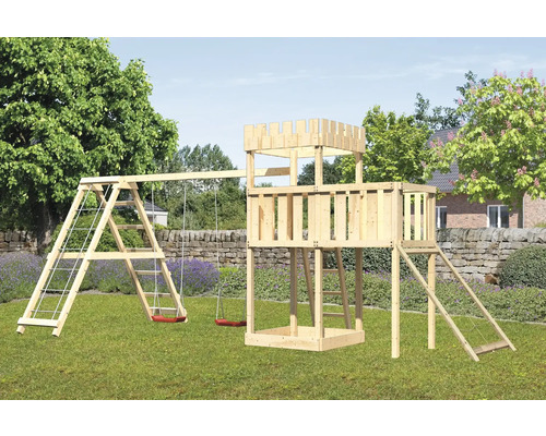Spielturm Karibu Löwenherz 107 x 107 cm Holz bestehend aus Anbau, Grundturm, Netzrampe, Schaukel rot