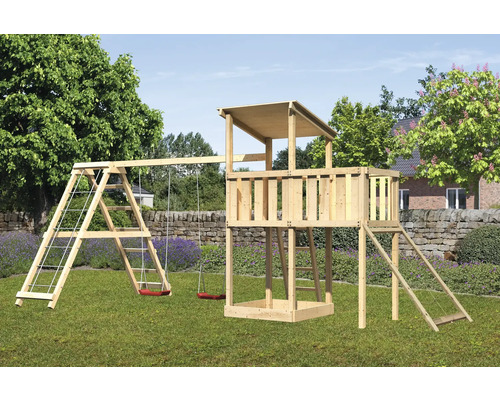 Spielturm Karibu Anna 107 x 107 cm Holz bestehend aus Anbau, Grundturm, Netzrampe, Plattform, Schaukel rot