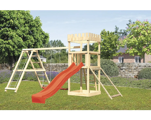 Spielturm Karibu Löwenherz 107 x 107 cm Holz bestehend aus Anbau, Grundturm, Netzrampe