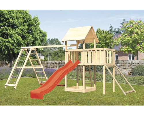 Spielturm Karibu Lotti 107 x 107 cm Holz bestehend aus Anbau, Netzrampe, Grundturm, rot