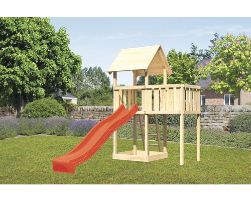 Spielturm Karibu Lotti 107 x 107 cm Holz bestehend aus Rutsche, Anbau, rot