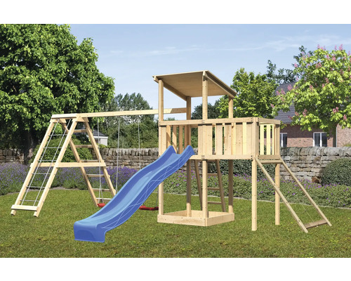 Spielturm Karibu 107 x 107 cm Holz bestehend aus Anbau, Grundturm, Netzrampe, Rutsche, Plattform, Schaukel blau
