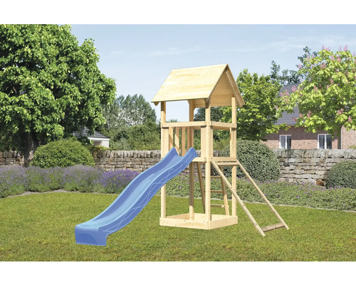 Spielturm Karibu Lotti 107 x 107 cm Holz bestehend aus Netzrampe, Rutsche, blau