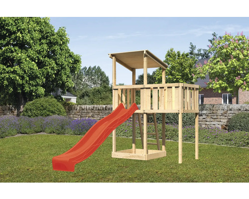 Spielturm Karibu Anna 107 x 107 cm Holz bestehend aus Rutsche, Anbau rot
