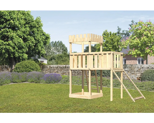 Spielturm Karibu 107 x 107 cm Holz bestehend aus Anbau, Netzrampe