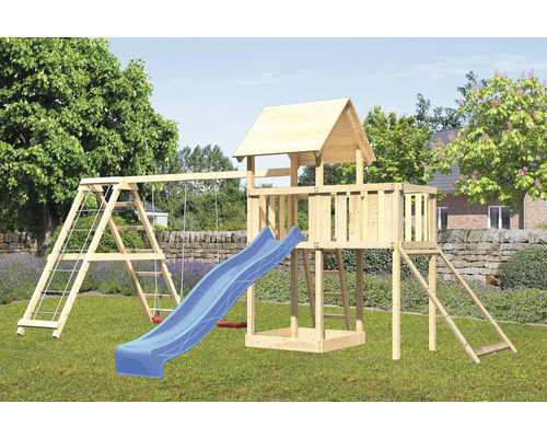 Spielturm Karibu Lotti 107 x 107 cm Holz bestehend aus Anbau, Netzrampe, Grundturm, blau