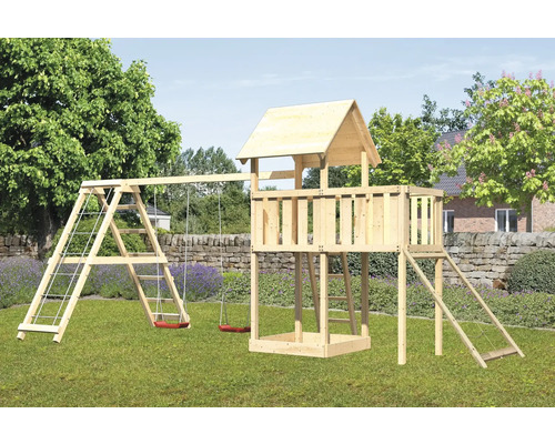 Spielturm Karibu Lotti 107 x 107 cm Holz bestehend aus Anbau, verlängerter Grundturm, Netzrampe, rot