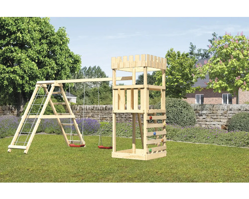 Spielturm Karibu Löwenherz 107 x 107 cm Holz bestehend aus Anbau, Grundturm, Kletterwand