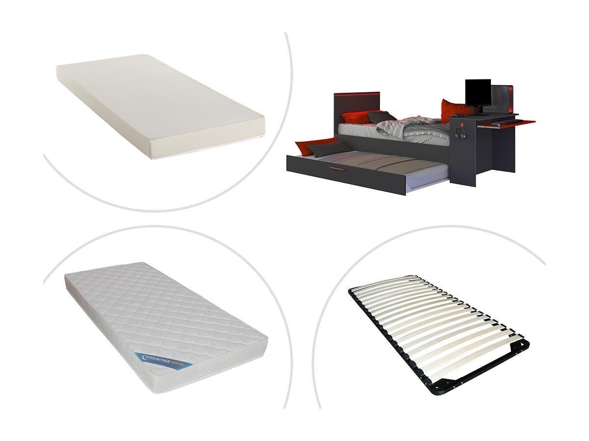 Ausziehbett Gamer mit Schreibtisch & LEDs - 90 x 200 und 90 x 190 cm + Lattenrost + Matratze - Anthrazit & Rot - VOUANI