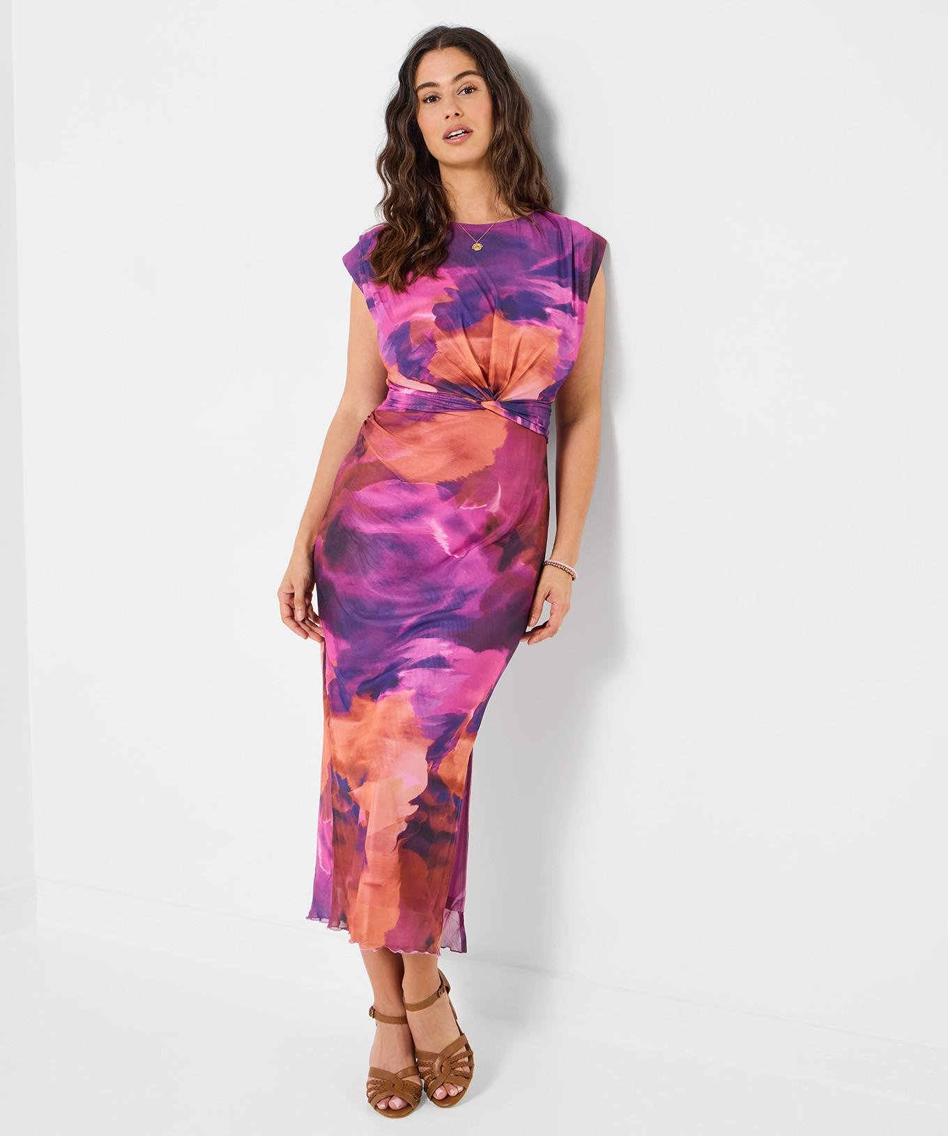 Kleid aus Netzstoff mit Muster und geknoteter Taille