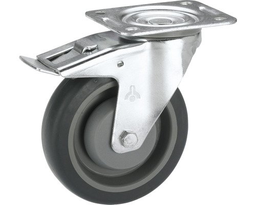 Transport-Geräte-Lenkrolle Tarrox bis 150 kg mit Platte, TPE-Lauffläche, Fadenschutz und Totalfeststeller 100 x 128 x 32 mm