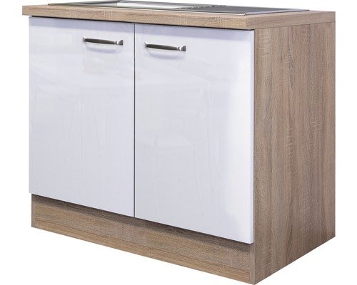Spülenschrank inkl. Spüle Flex Well Valero BxHxT 100x86x60 cm Frontfarbe weiss hochglanz - Korpusfarbe sonoma eiche
