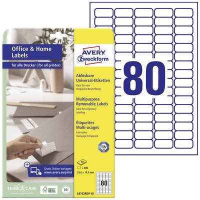 Avery-Zweckform L4732REV-10 Universal-Etiketten 35.6 x 16.9 mm Papier Weiß 800 St. Wiederablösbar Tintenstrahldrucker, L