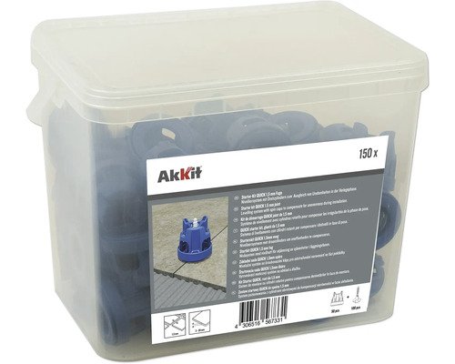 Akkit Nivelliersystem QUICK 1,5 mm mit 50 Drehzylinder und 100 Gewindelaschen im Eimer
