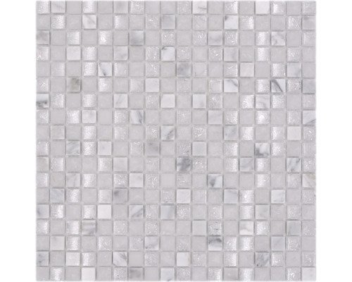 Glasmosaik mit Naturstein Quadrat XIC1011 mix weiss 30,5x30,5 cm
