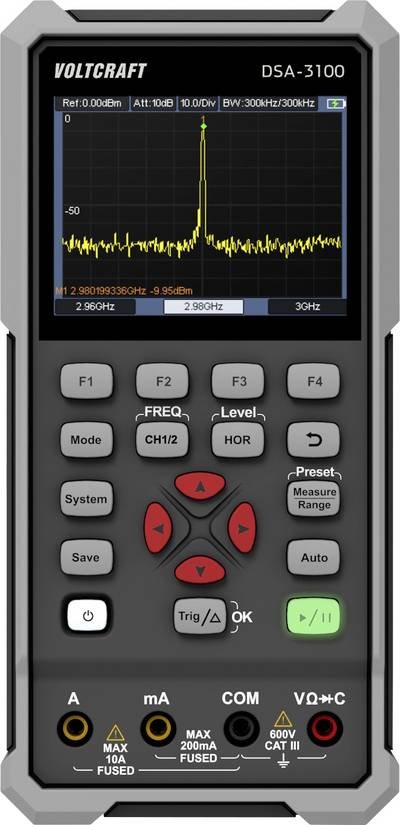 VOLTCRAFT DSA-3100 Hand-Oszilloskop 100 MHz 2-Kanal 500 MSa/s 8 kpts 8 Bit Handgerät, Multimeter-Funktionen, Spectrum-An