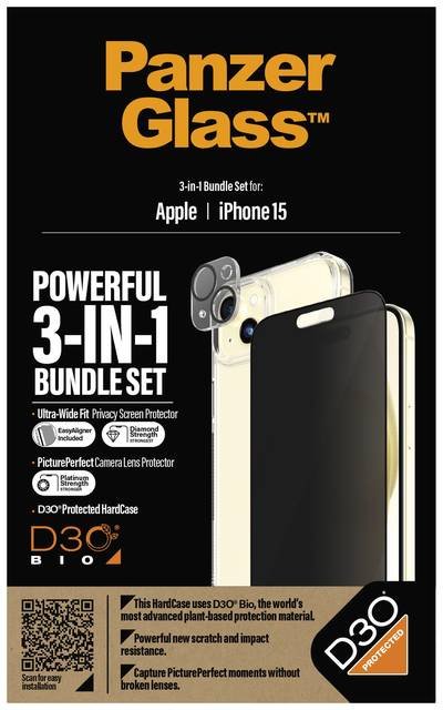 PanzerGlass 3-in-1-Privacy-Pack Displayschutzfolie mit Blickschutz Apple iPhone 15 1 St. B1172+P2809