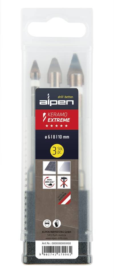 Alpen 0000300003100 Glasbohrer-Set 6 mm, 8 mm, 10 mm Zylinderschaft 1 St.