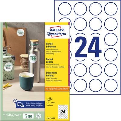 Avery-Zweckform L3415-100 Universal-Etiketten Ø 40 mm Papier Weiß 2400 St. Permanent haftend Tintenstrahldrucker, Laserd