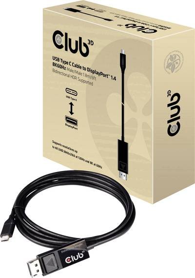 club3D USB-C® / DisplayPort Adapterkabel USB-C® Stecker, DisplayPort Stecker 1.80 m Schwarz CAC-1557 Flammwidrig USB-C®-