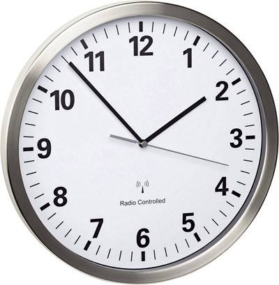 TFA Dostmann 60.3523.02 Funk Wanduhr 30.5 cm x 4.3 cm Edelstahl Leisegang-Uhrwerk, Energiesparfunktion