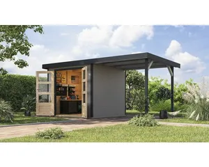 Gartenhaus Karibu Metalwood 3D Blech anthrazit inkl. Anbaudach 2,35 m 486,5 x 236,5 cm wassergrau