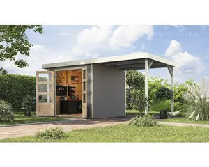 Gartenhaus Karibu Metalwood 3D Blech weiß inkl. Anbaudach 2,35 m 486,5 x 236,5 cm wassergrau