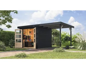 Gartenhaus Karibu Metalwood 3C Blech anthrazit inkl. Anbaudach 2,35 m 486,5 x 236,5 cm anthrazit